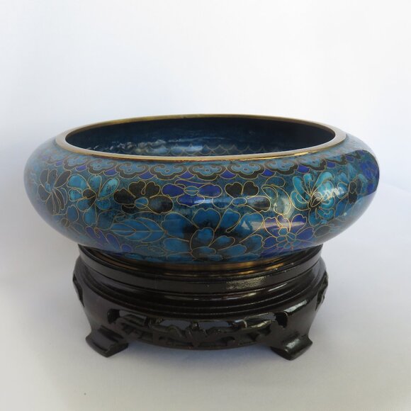 Jingfa Cloisonne Blue and Gold Floral Bowl and Stand Vintage Chinese........325 - Picture 3 of 10